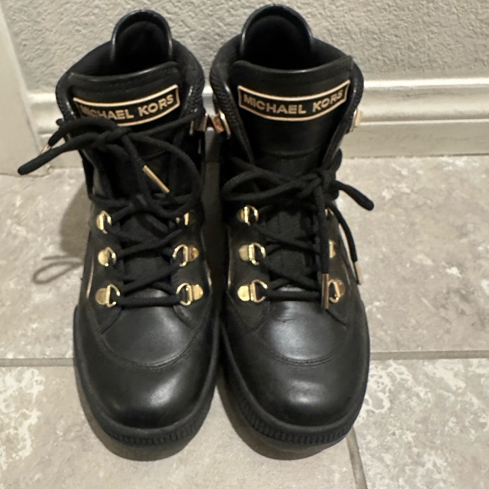 Michael Kors Black Leather Boots with Gold Details